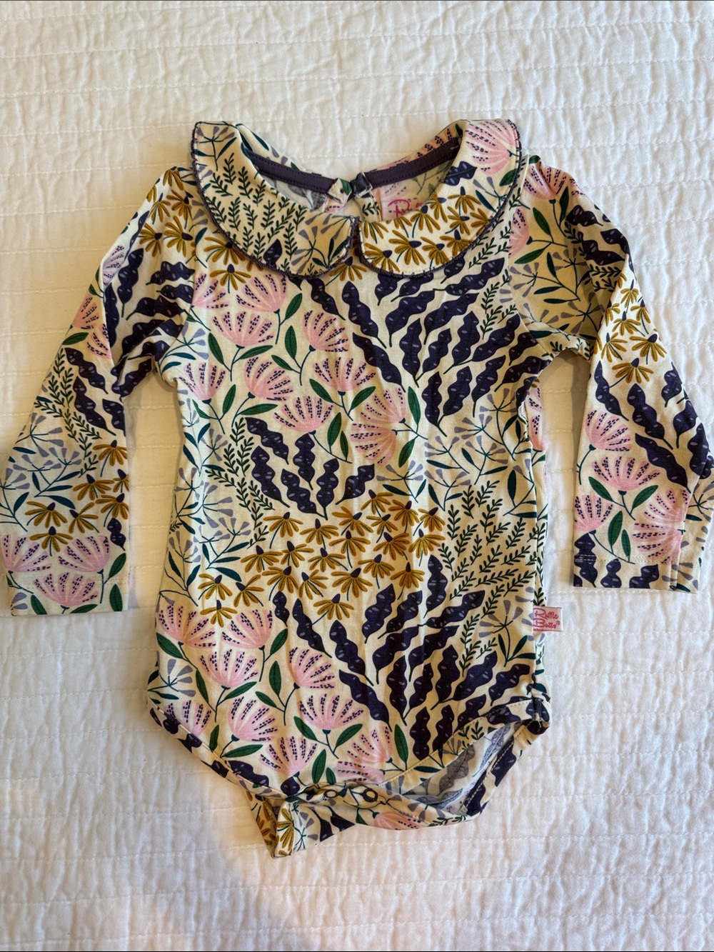 Ruffle Butts Floral Peter Pan Collar Long-Sleeve One-Piece in Cream, Pink, Navy